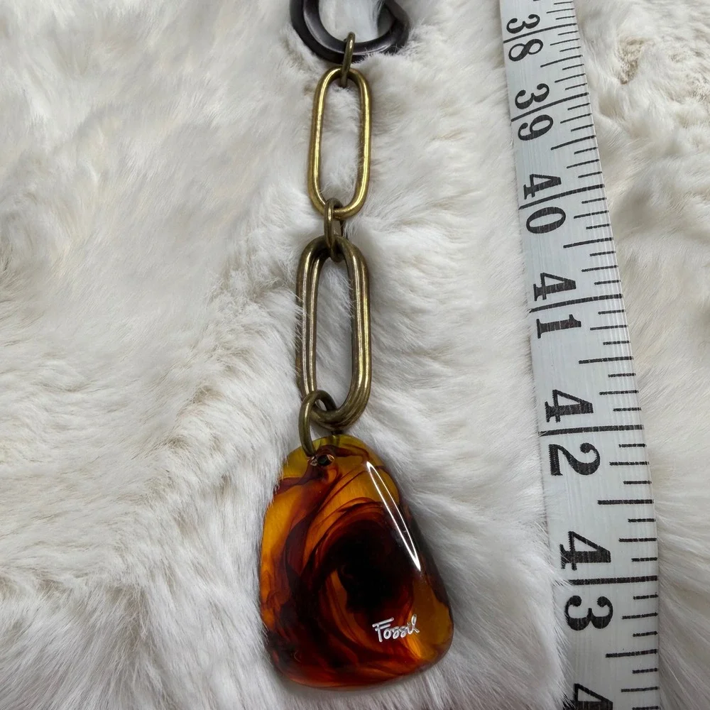 Fossil Women Brass Tone Chain Belt Faux Amber Resin Guitar Pick Charms 43 Inch